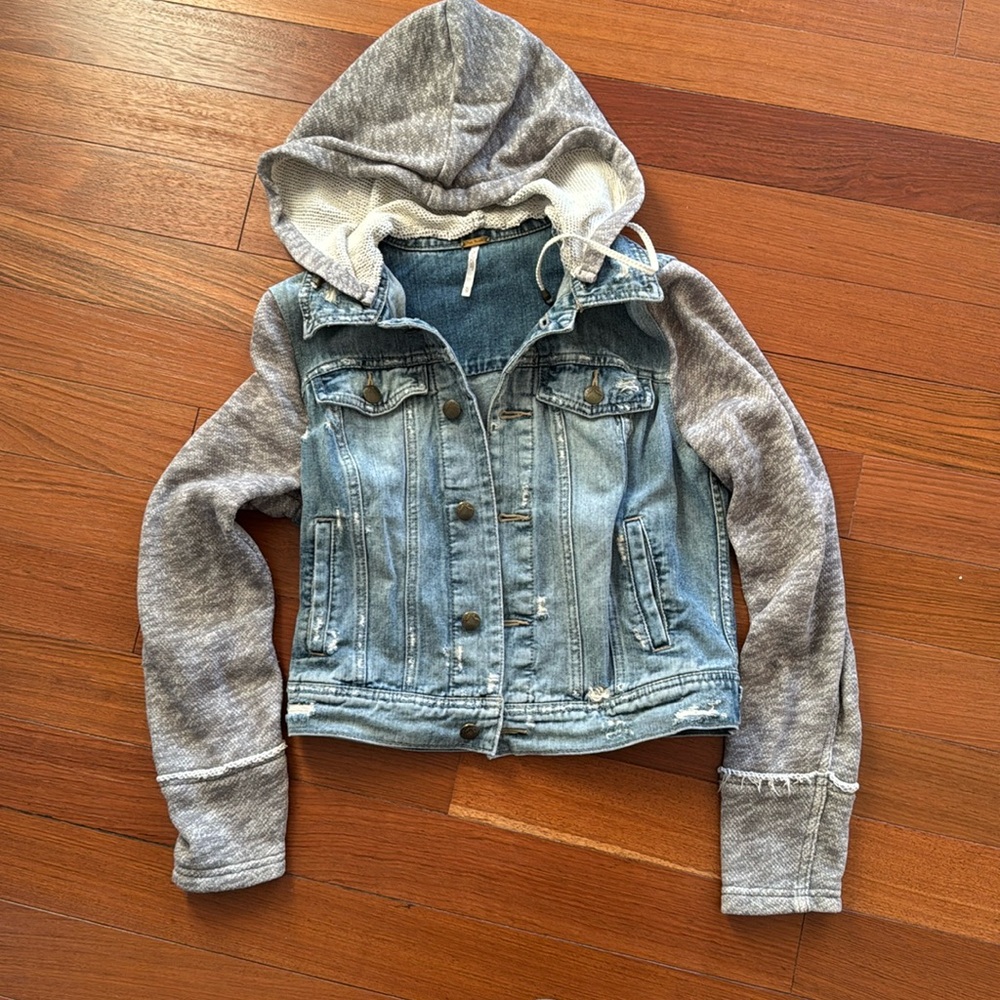 Free people distressed jean jacket with hood